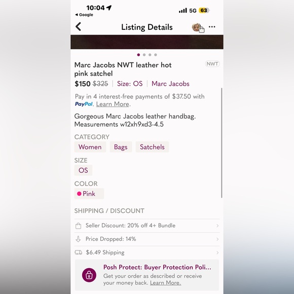 NWOT Marc Jacobs Fucshia Satchel - Picture 9 of 9